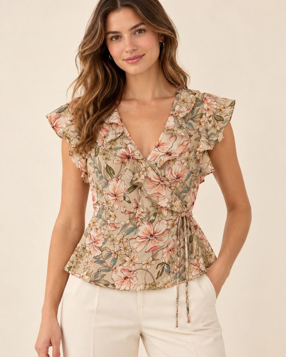 77 Park Beige Floral Ruffle Wrap Blouse M